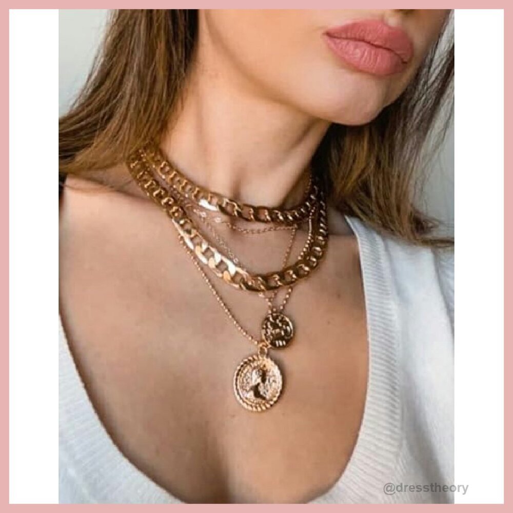 Layered Coin Pendant Necklace Set with Chunky Chain - Picture 4 of 8